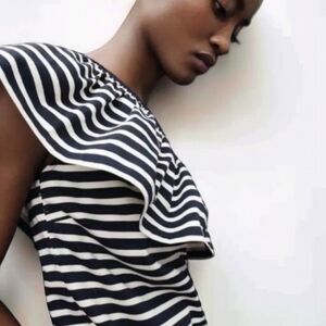 J.‎ Crew One Shoulder Navy Stripe Ruffle Cotton Top Hamptons Coastal Chic Sz S